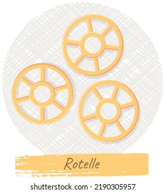 Pasta rotelle. Italian pasta cartoon illustration icon, ruote, wagon wheels isolated on white. Flour products for food blog or menu design. Dry ingredient, kitchen and cooking theme, restaurant