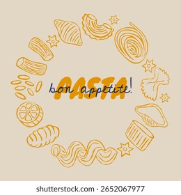 Moldura redonda de massa. Macaroni food farfalle penne ravioli fusilli spaghetti tortellini lasagna fettuccine, cozinha tradicional italiana tipos de macarrão para menu de restaurante. Ilustração vetorial