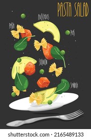 Ensalada de pasta con salmón, aguacate, guisantes y espinacas. Ilustración del vector