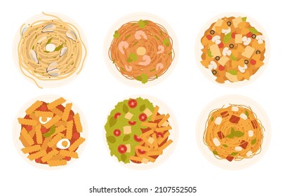 Pasta salad set, top view vector illustration. Cartoon food on plate, chefs restaurant menu collection with delicious spaghetti and vegetables, mushrooms, shrimps and mussels isolated on white