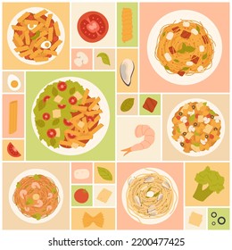 Pasta salads set vector illustration. Cartoon healthy portions of different food, pasta meals with sauces on plates for dinner and lunch, vegetable and seafood ingredients in square collage background