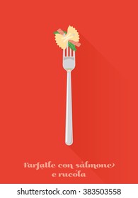 Pasta with salmon and rocket leaves on fork. Flat design long shadow vector illustration of farfalle con salmone pasta on a fork