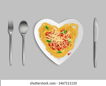 Pasta With Sauce And Cheese Top View, Spaghetti In Heart Shaped Plate With Knife, Fork And Spoon Isolated On Grey Background, Italian Cuisine Dish , Noodles, Macaroni Realistic 3d Vector Illustration