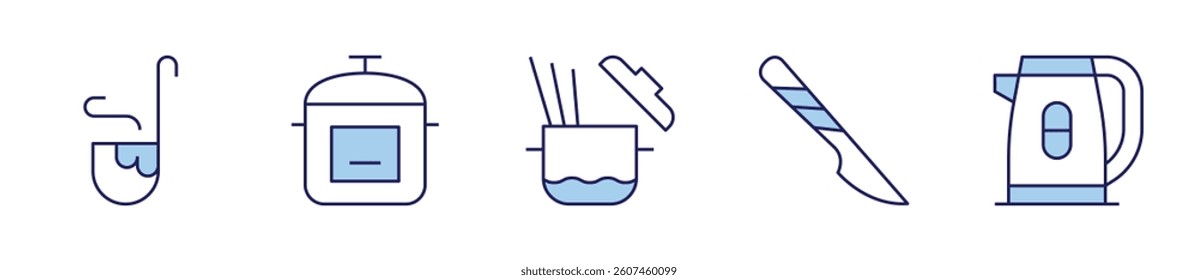 pasta, scalpel, electric kettle, ladle, express pot. Utensil Icon vector illustration. Line Duotone style. Editable stroke.