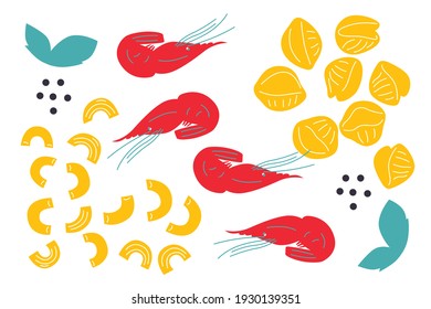 Pasta and seafood abstract vector illustration. Noodle and shrimp ingredients clip art. Cartoon flat style. Can be use for restaurants menu, cover, packaging.