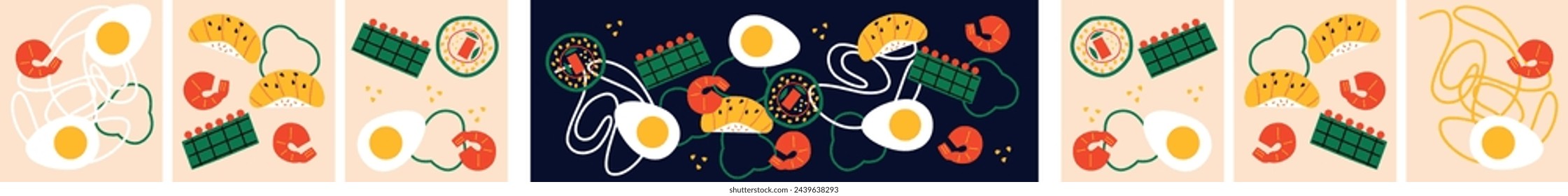 Pasta and seafood abstract vector illustration. Noodle and shrimp ingredients clip art. Cartoon flat style. Can be use for restaurants menu, cover, packaging.	
