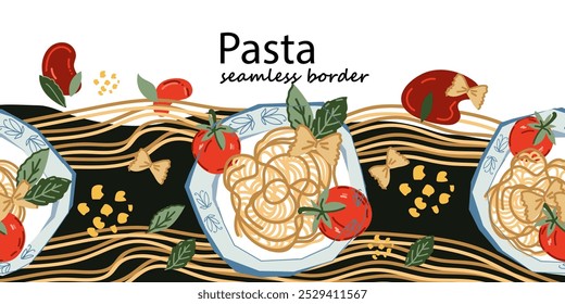 Diseño de borde decorativo sin fisuras de pasta para materiales de empaquetado y comercialización de alimentos, Ilustración vectorial dibujada a mano aislada sobre fondo. Diseño de borde de pasta con platos de espaguetis.