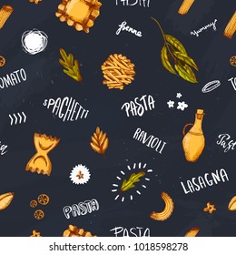 Pasta seamless pattern design on dark chalk board with hand drawn lettering. Spaghetti background for apron,wrapping, menu