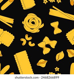 Pasta seamless pattern isolated on white background. Vector flat cartoon macaroni illustration. Italian cuisine, food icons and design elements background