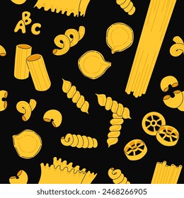 Pasta seamless pattern isolated on white background. Vector flat cartoon macaroni illustration. Italian cuisine, food icons and design elements background