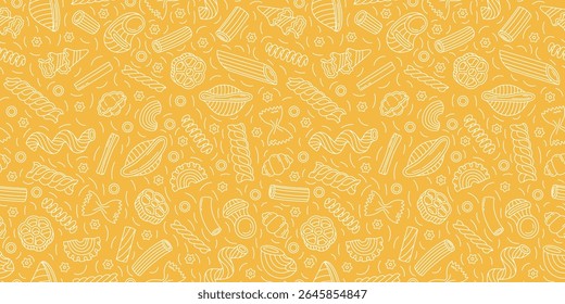 Padrão sem emenda da massa. Conjunto italiano de ilustrações de macarrão. Desenhos de comida vetorial. Rigatoni, fusilli e garganelli. Stelle, farfalle, tortiglioni, tubulação e penne