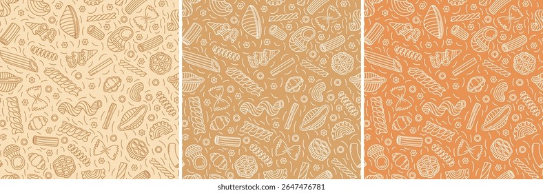 Pasta seamless pattern. Italian macaroni illustration set. Doodle vector food sketch. Rigatoni, fusilli and garganelli. Stelle, farfalle, tortiglioni, pipe rigate and penne