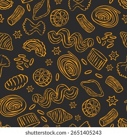 Padrão sem emenda da massa. Impressão de macarrão italiano com diferentes tipos de massas, farfalle, tortellini, penne, fusilli fettuccine, comida de macarrão da Itália fundo infinito. Textura vetorial