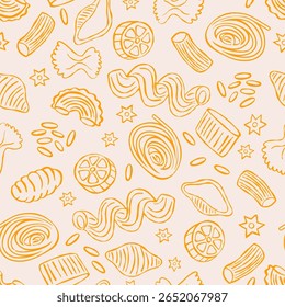 Padrão sem emenda da massa. Impressão de macarrão italiano com diferentes tipos de massas, farfalle, tortellini, penne, fusilli fettuccine, comida da Itália fundo infinito. Textura vetorial.