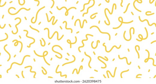 Pasta seamless pattern. Italian spaghetti background. Yellow japan ramen design. Chinese noodle texture. Doodle wavy line pattern. Hand drawn food bg. Vector illustration isolated on white background.