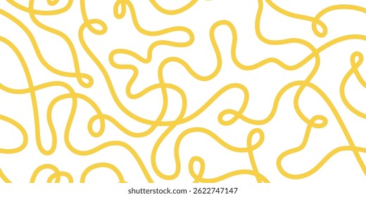 Pasta seamless pattern. Italian spaghetti background. Yellow japan ramen design. Chinese noodle texture. Doodle wavy line pattern. Hand drawn food bg. Vector illustration isolated on white background.