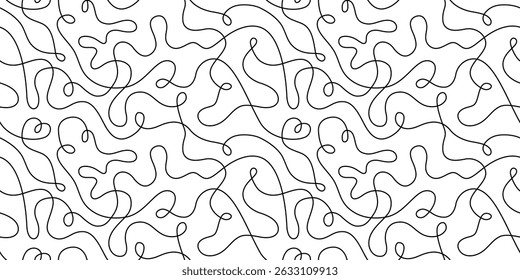 Pasta seamless pattern. Italian spaghetti background. Curve japan ramen design. Chinese noodle texture. Doodle wavy line pattern. Hand drawn food bg. Vector illustration isolated on white background.
