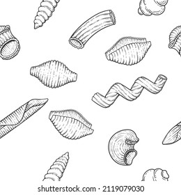 pasta seamless pattern sketch. Doodle outline black and white vintage style macaroni illustration