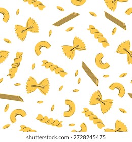 Padrão sem emenda da massa. Vários tipos de massas. Fundo com massas diferentes. Farfalle, penne, espaguete, macarrão, orzo e fusilli. Cozinha italiana. Ilustração vetorial