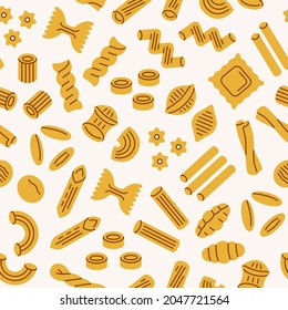 Pasta seamless pattern. Vector background with italian noodle, fusilli, macaroni, ravioli, spaghetti. Food flat illustration.