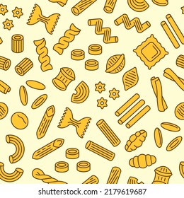 Pasta seamless pattern. Vector background with italian noodle, fusilli, macaroni, ravioli, spaghetti, pasta. Food color illustration.