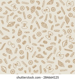 Pasta seamless pattern. Vector illustration. Hand drawn various kinds of pasta.