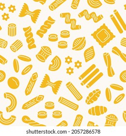 Pasta seamless pattern. Vector pattern with italian noodle, fusilli, macaroni, ravioli, spaghetti. Food illustration.