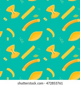 Pasta seamless vector. Seamless composition of pasta shells spiral vector on green background.