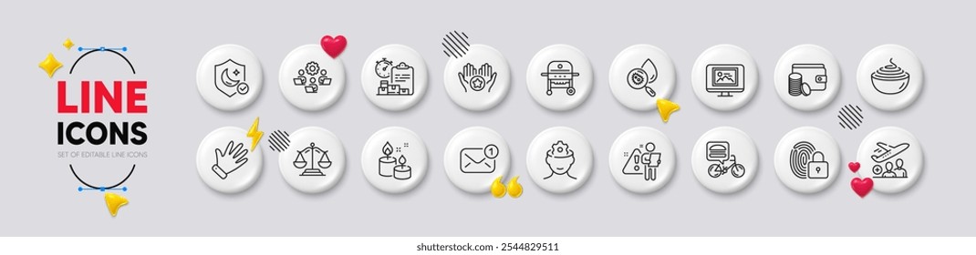 Pasta, Search employee and Hand line icons. White buttons 3d icons. Pack of Brain working, Food delivery, Lock icon. Passenger, Teamwork, Delivery report pictogram. Vector