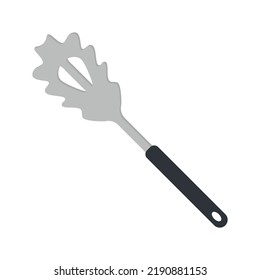 Pasta server flat icon for web. Simple Spaghetti draining utensil sign flat vector design. Spaghetti spatula with black handle icon isolated on white. Spaghetti serving spoon cartoon clipart