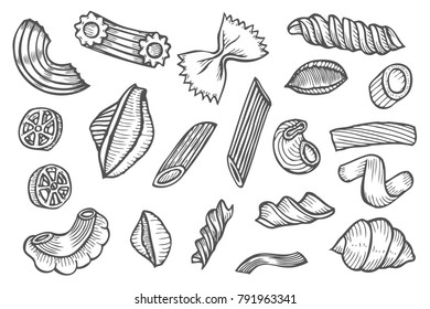 Pasta set, Hand drawn artwork. Collection of different types. Retro line art vector illustration. Gluten Food from wheat, flour. Isolated on white background