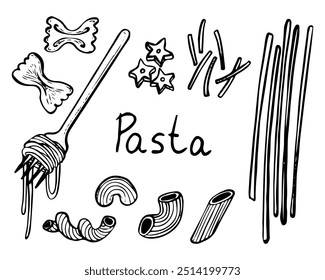 Pasta set hand drawn doodle. Macaroni feathers, horns, spaghetti, vermicelli, stars, butterflies. Food made from wheat dough. Food product. Side dish. Grocery. Vector sketch line art illustration.