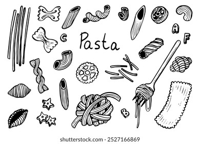 Massa ajustada mão desenhado rabiscar. Penas, chifres, conchas, espaguete, vermicelli, estrelas, lasanha, borboletas. Comida de massa de trigo. Produto alimentar. Supermercado. Ilustração da arte da linha de esboço do vetor.