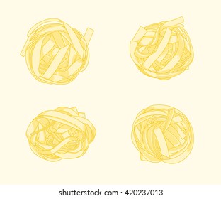 Pasta set. Hand drawn fettuccine nest. Top view. Food illustration.