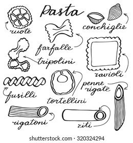 Conjunto de pasta. Tipos de pasta dibujados a mano con nombres en italiano. Dibujo de Doodle. Ilustración vectorial. 
