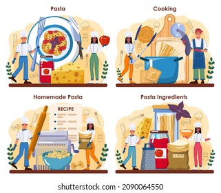 Pasta set. Homemade italian food on the plate. Delicious dinner with cheese, meat and vegetable ingredients. Spaghetti, farfalle, fettuccine and ravioli pasta. Flat vector illustration