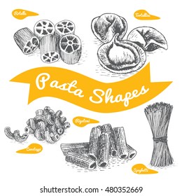 Pasta set illustration. Vector black and white illustration of pasta.