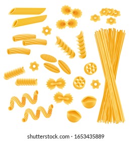 Pasta set isolated on white, different kinds of macaroni and spaghetti uncooked, vector illustration. Various types of pasta, ingredient of Italian cuisine. Farfalle, fusilli, penne and rotelle