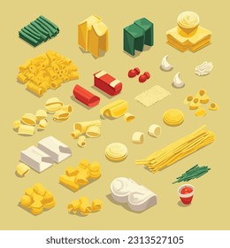 Pasta set isometric vector illustration isolated