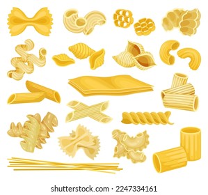 Pasta-Set. Italienische Spaghetti, Cannelloni, farfalle, tagliatelle, spaghetti, Conchiglie Cartovektor