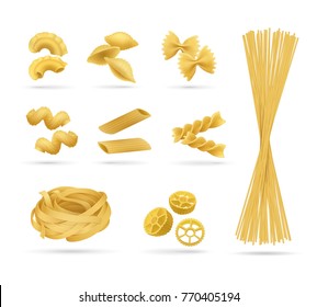 Pasta set, realistic style. Vector illustration of pasta different kinds. Italian cuisine, wheat flour products