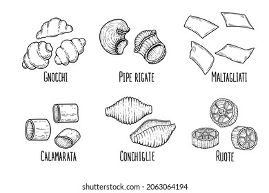 pasta set sketch. Doodle outline black and white vintage style macaroni illustration.