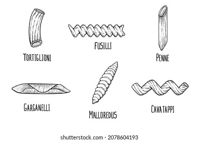 pasta set sketch. Doodle outline black and white vintage style macaroni illustration.