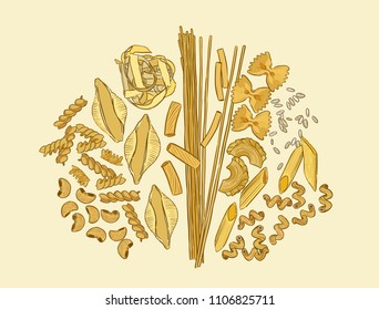 Pasta set. type of pasta hand draw sketch vector. Italian foos concept