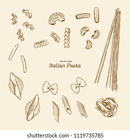 Pasta set. type of pasta hand draw sketch vector. Italian foos concept