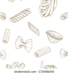 Pasta set. Various types of pasta. Hand drawn black and white sketch as seamless pattern. Vector illustration