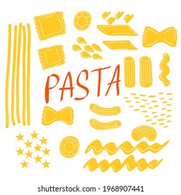 Iconos De Forma De Pasta. Colección de pasta. Conjunto de diferentes tipos de pasta.