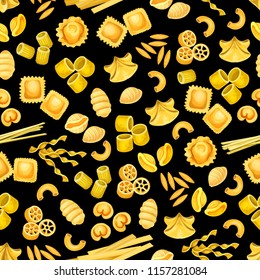 Pasta shape of italian food seamless pattern background. Pasta, spaghetti and macaroni, penne, rigatoni and fusilli, ravioli, fettuccine and gnocchi, noodle, orzo and rotelle of mediterranean cuisine