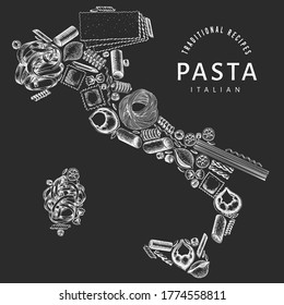 Pasta in the shape of Italy. Hand drawn vector food illustration on chalk board. Style design template. Retro pasta different kinds background.