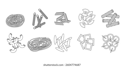 Pasta shapes outline vector set illustration